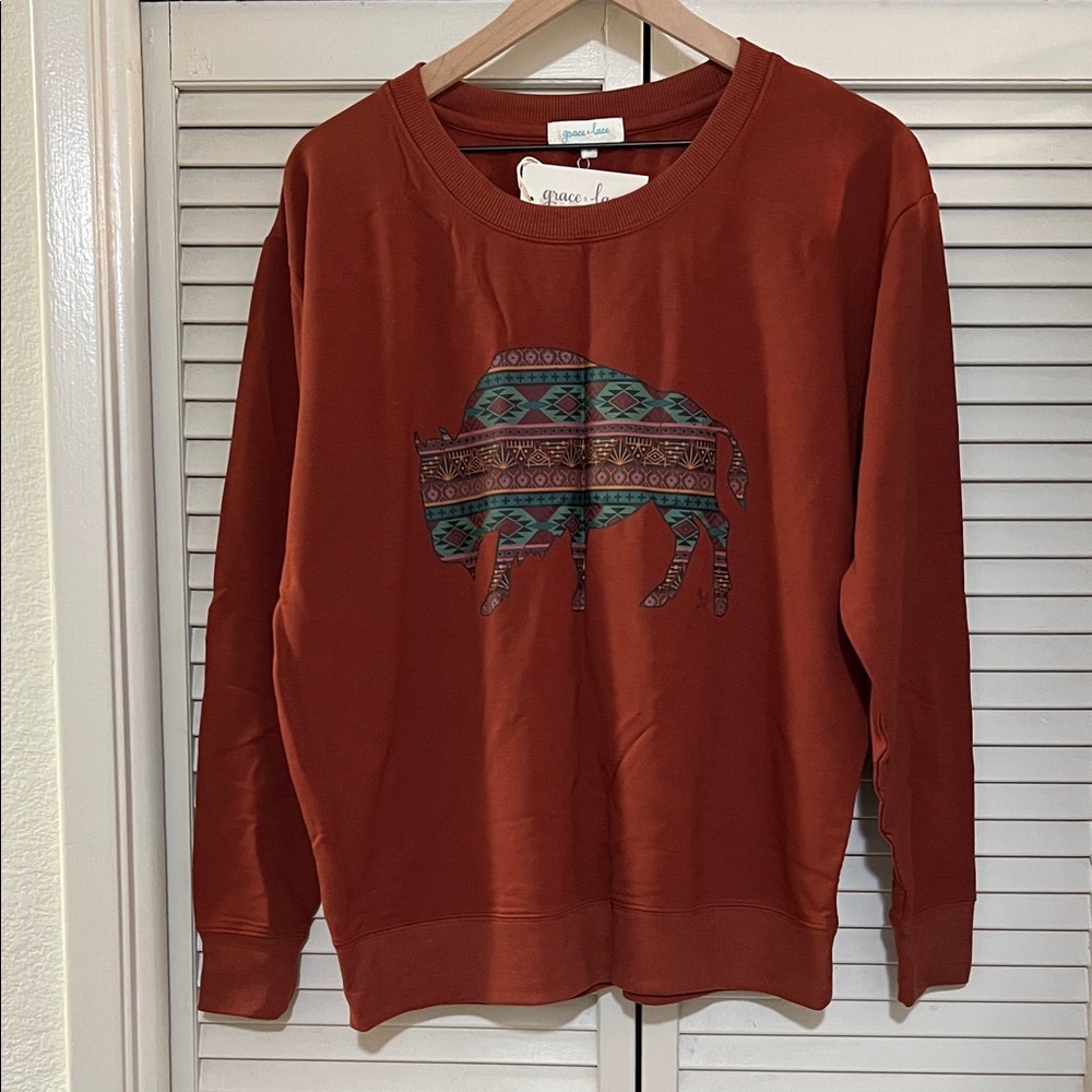 Grace & Lace Aztec Bison Sweatshirt Medium NEW